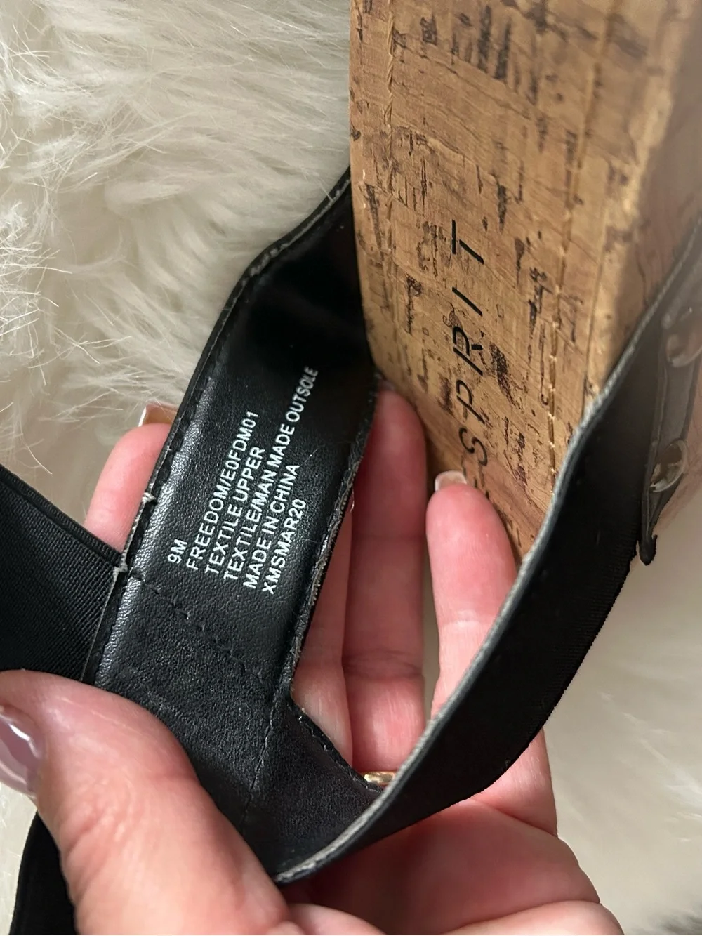 Esprit Black Elastic-Strap Cork Wedge Sandals with Ankle Wrap